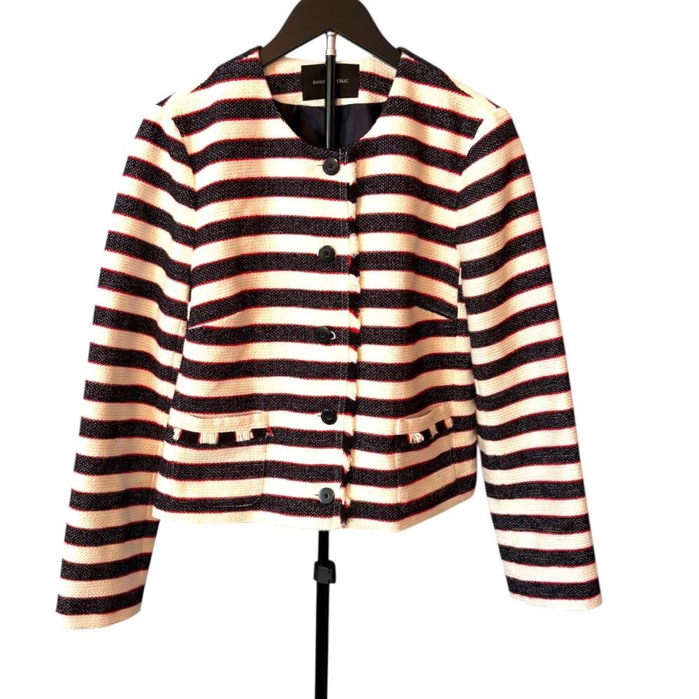 NWOT Banana Republic Blazer - Navy & White Stripe - Size 12P - Fray Detail